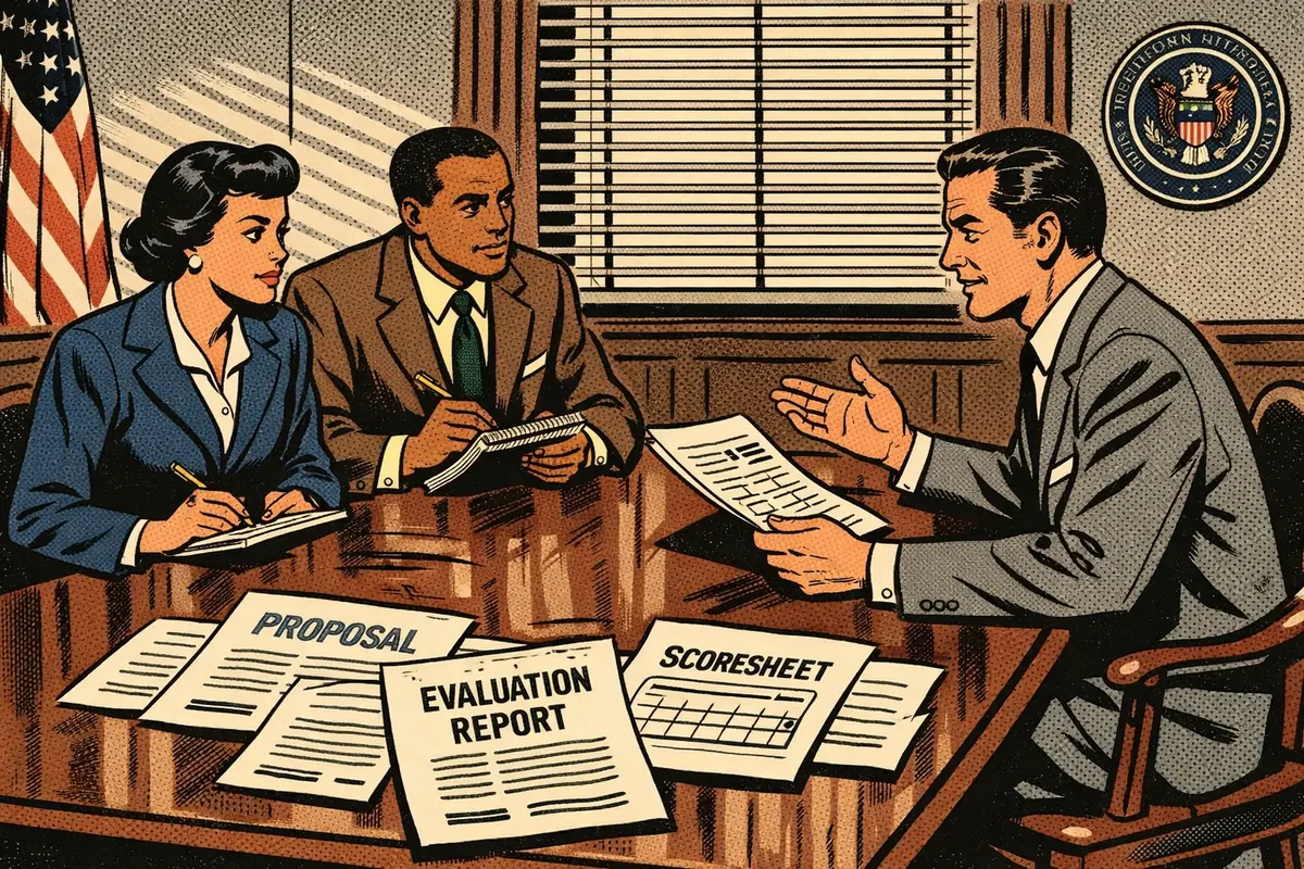 Federal proposal debrief meeting between government evaluator and contractors reviewing evaluation results